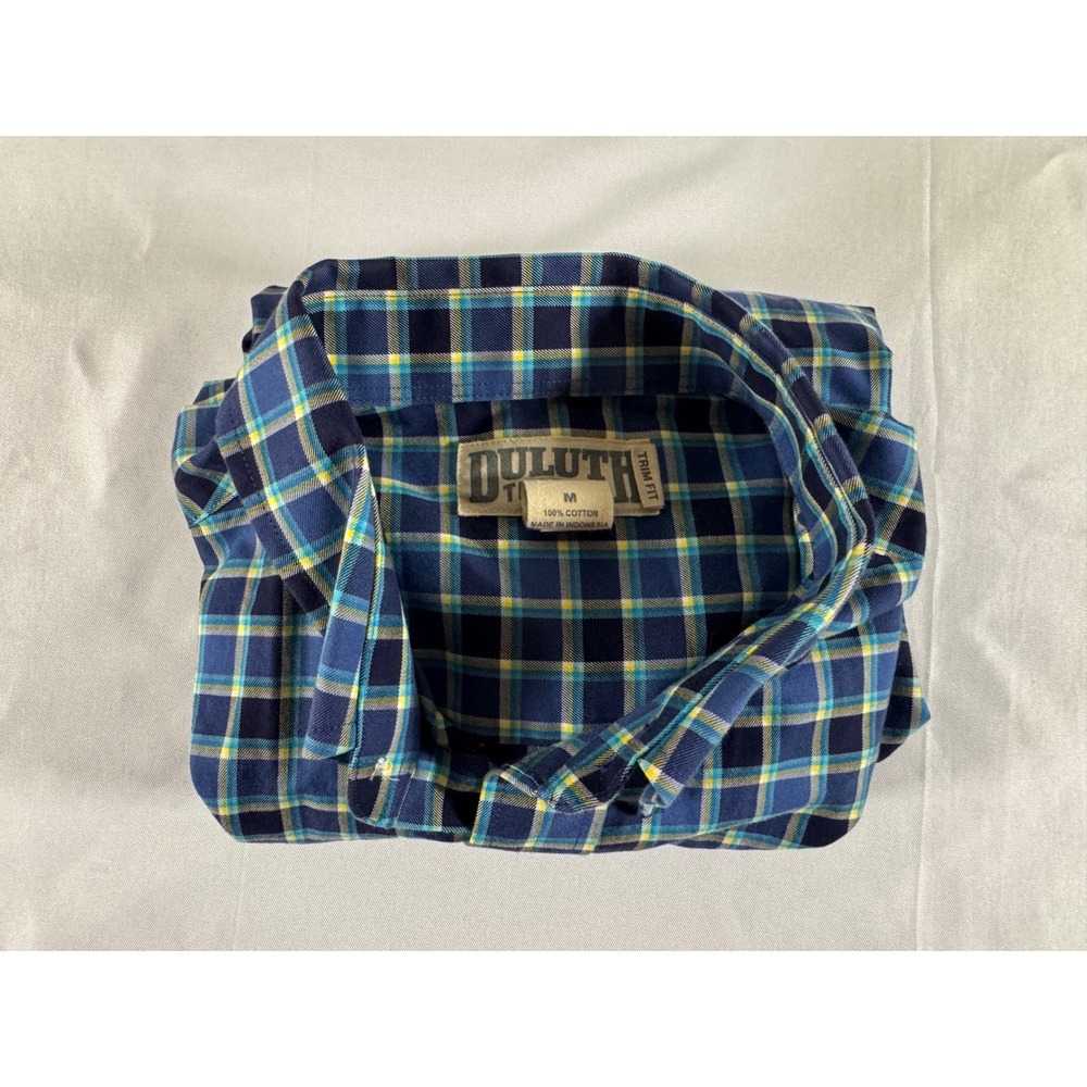 Duluth Trading Co Mens Trim Fit Plaid Button Down Shirt Blue Teal Yellow Size M